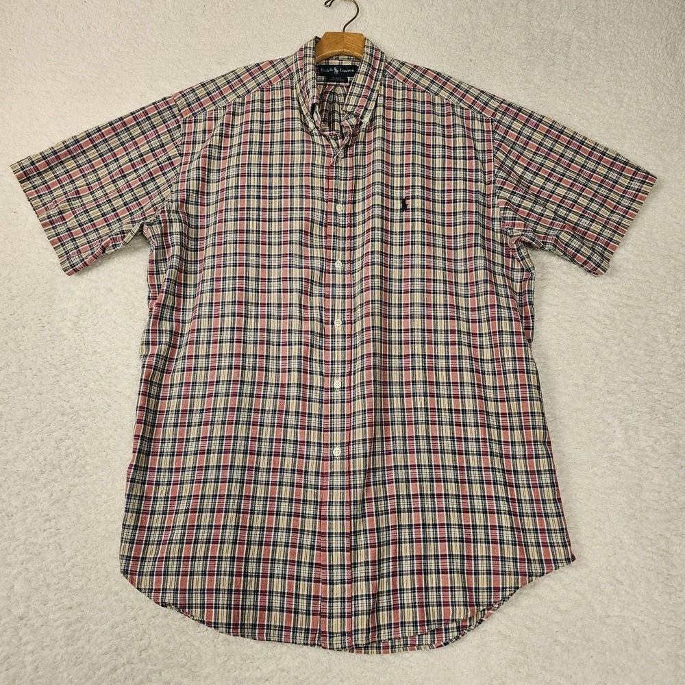 Ralph Lauren Shirt Mens Large Cream Red Black Plaid Blake Short Sleeve Work Wear